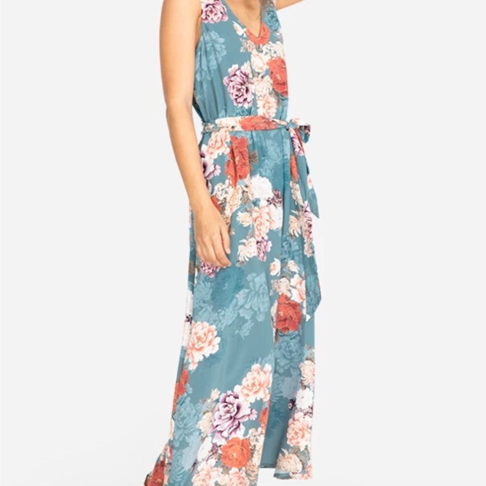 Johnny Was Jade Geles Blue Silk Floral Print Belted Sleeveless Midi Dress